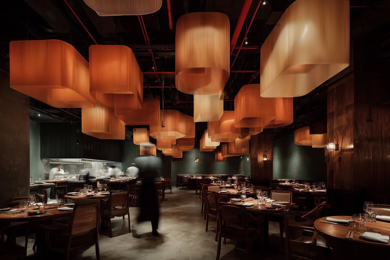 Upscale restaurant interior with large, warm, translucent pendant lights and an open kitchen.