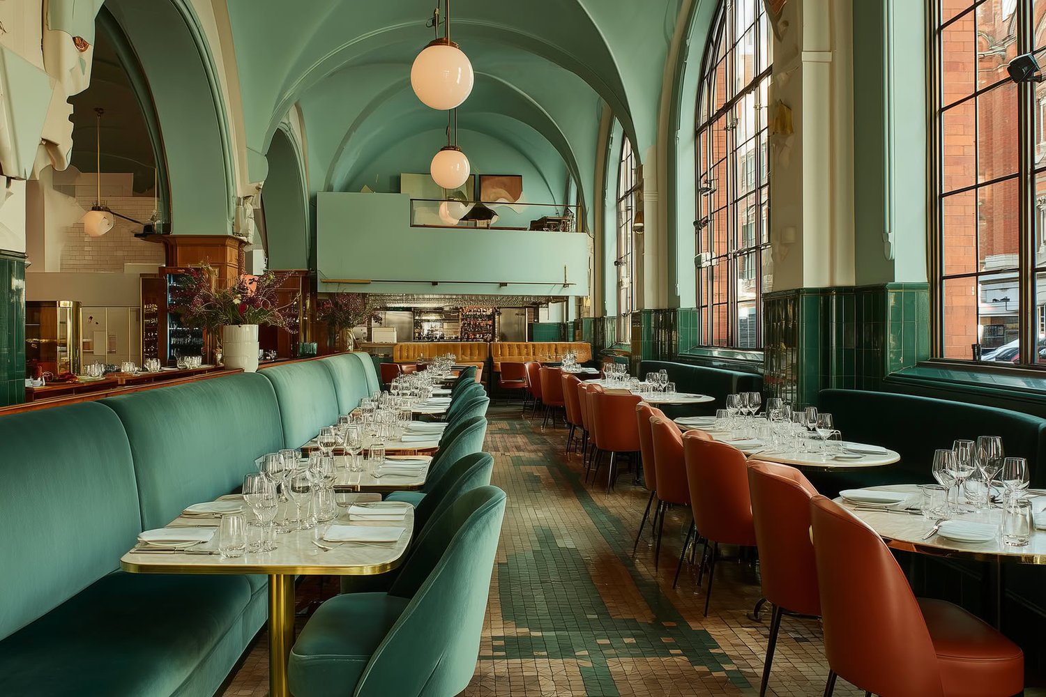 Elegant restaurant interior with arched ceilings, teal banquettes, orange chairs, and large arched windows.