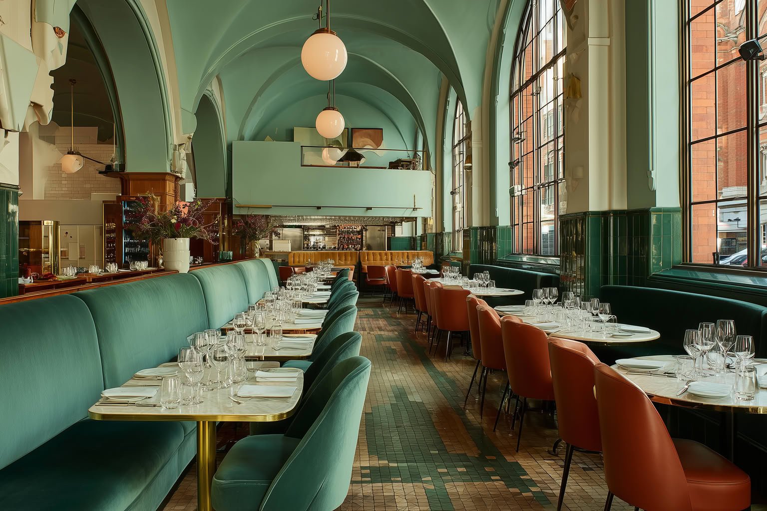 Elegant restaurant interior with arched ceilings, teal banquettes, orange chairs, and large arched windows.