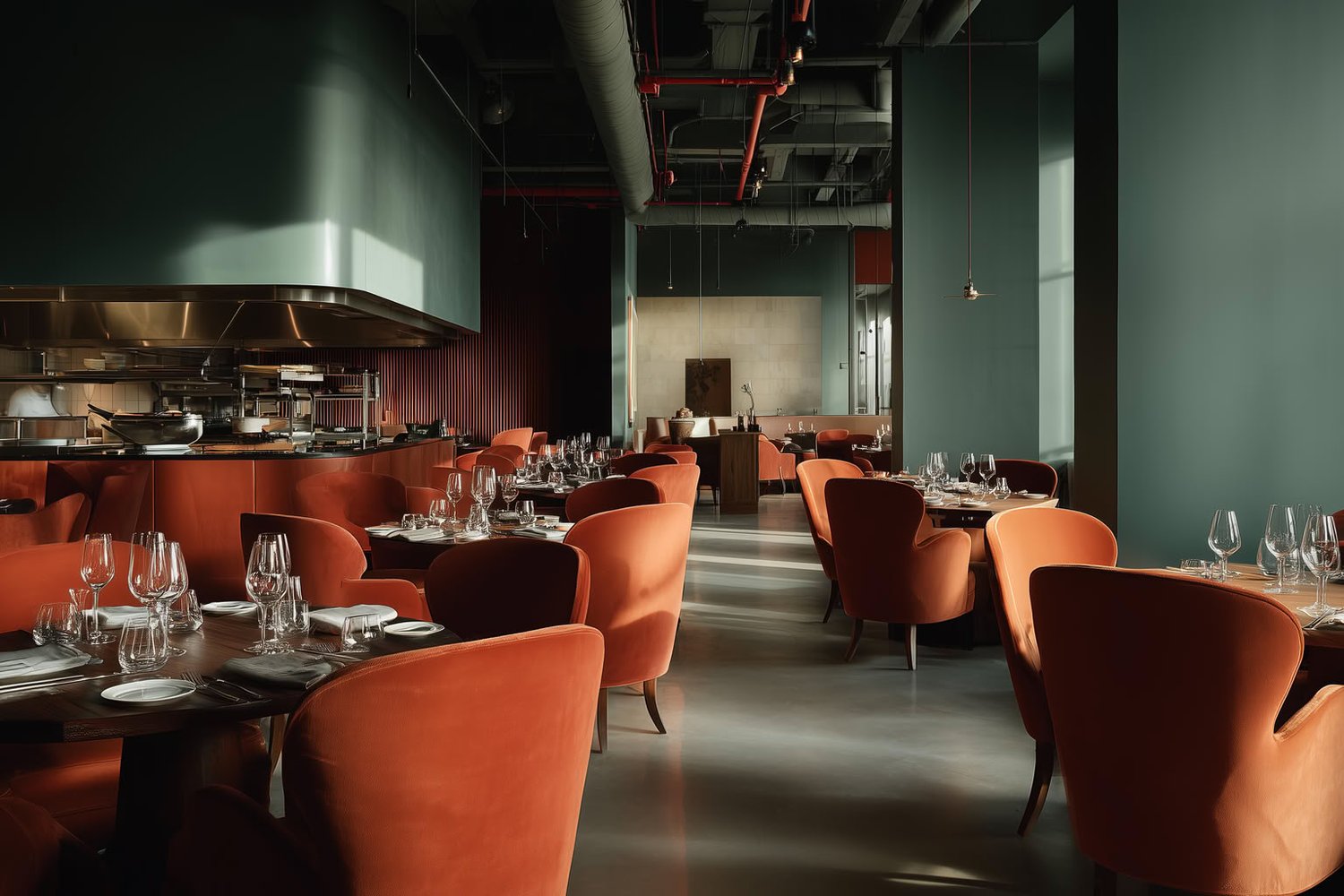 Modern restaurant interior with an open kitchen, dark green walls, and orange velvet chairs.