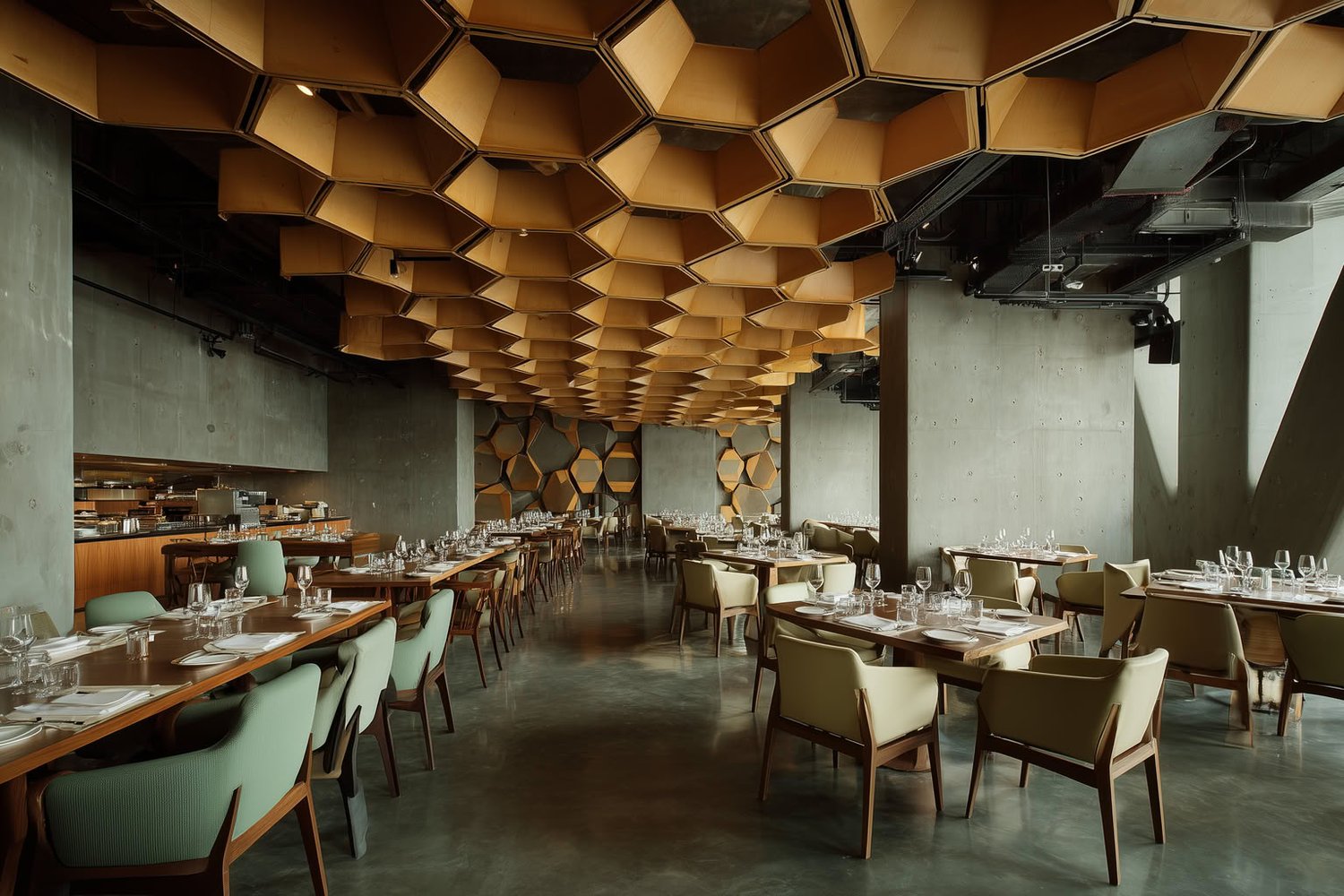 Modern restaurant interior with honeycomb wood ceiling, concrete walls, and simple table settings.