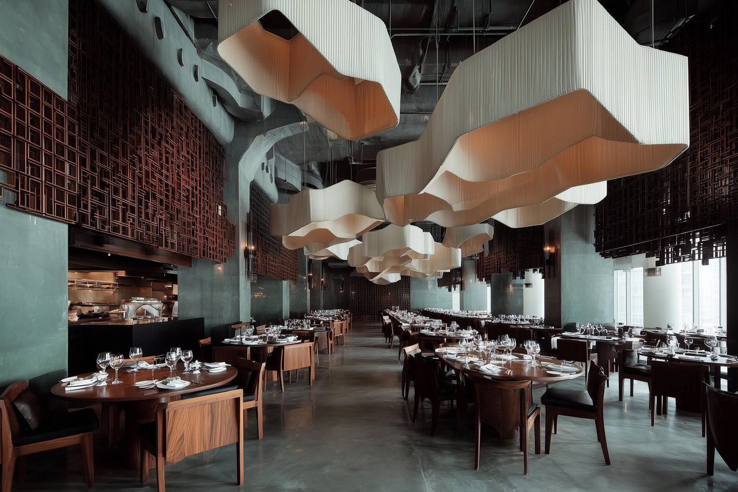 Modern restaurant interior with set tables, open kitchen, wavy ceiling lights, and patterned walls.
