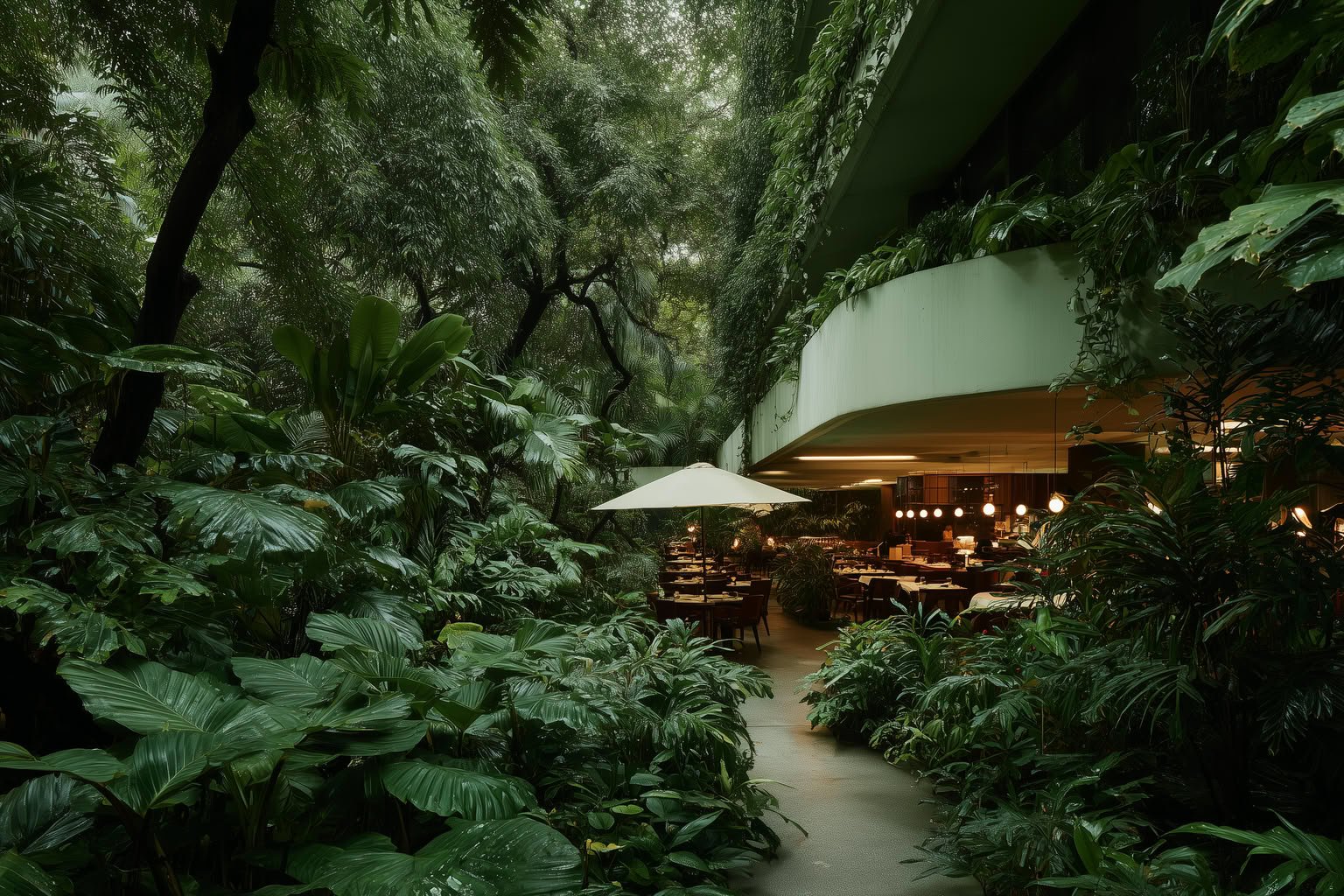Lush tropical restaurant setting with verdant foliage and modern curved architecture.