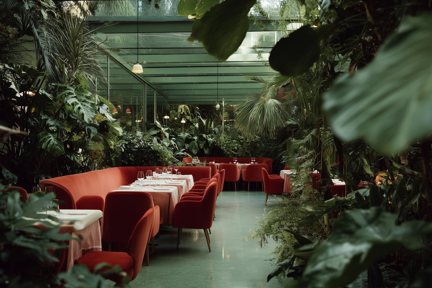 Lush botanical restaurant with red velvet seating, glass roof, and extensive tropical plants.