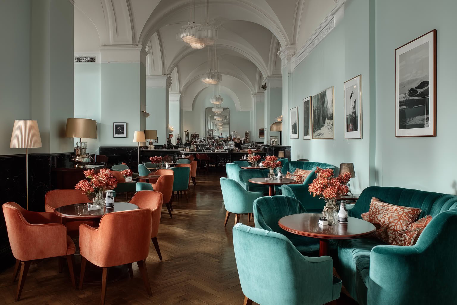 A grand hall with arched ceilings, teal and orange velvet seating, dark wood floors, and a distant bar.