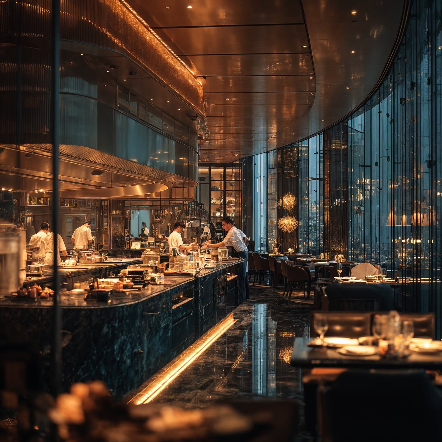 Upscale restaurant interior with open kitchen, dark marble, warm lighting, and city views.