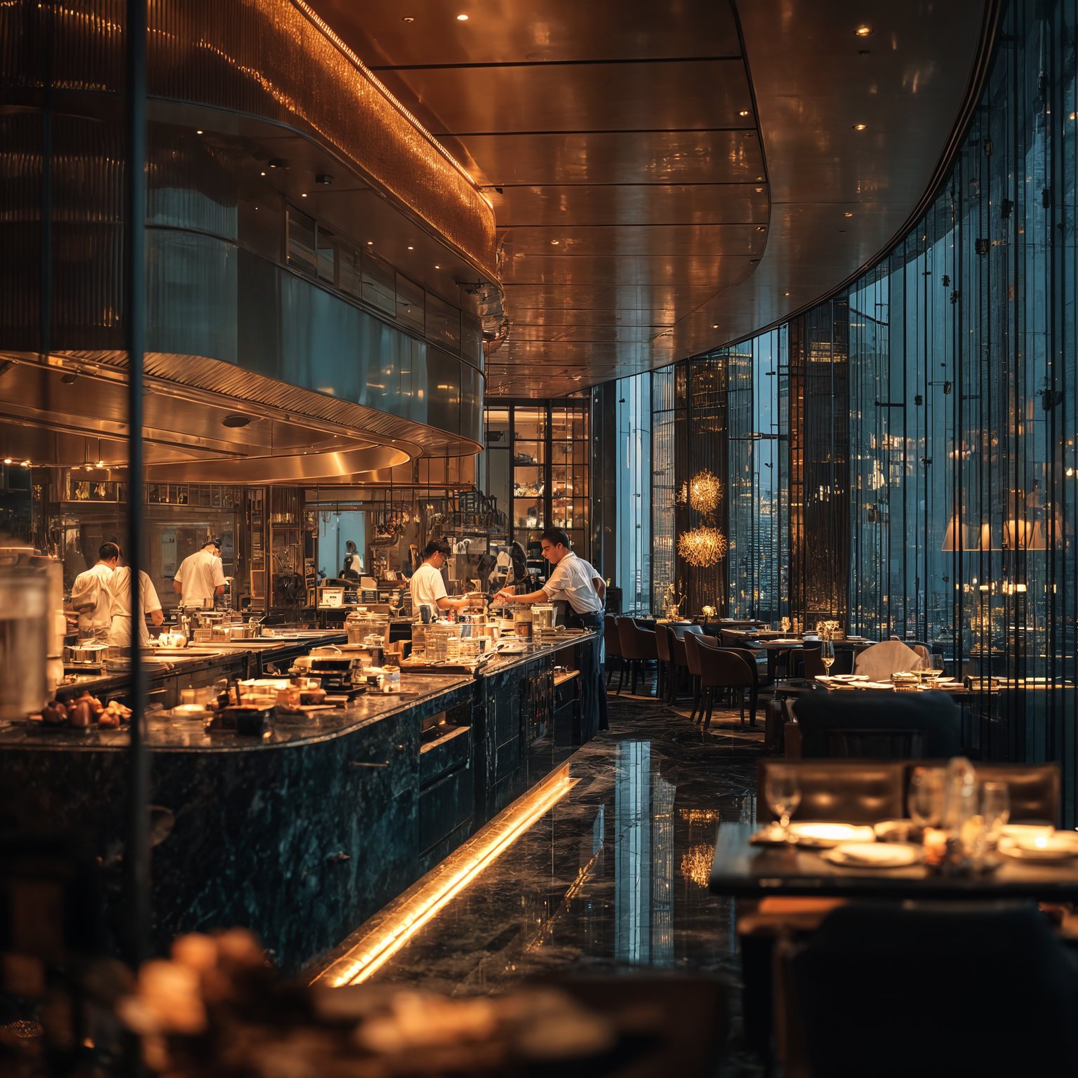 Upscale restaurant interior with open kitchen, dark marble, warm lighting, and city views.
