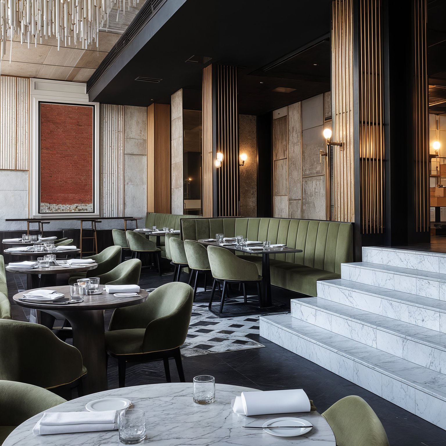 Upscale restaurant interior with green velvet chairs, marble tables, textured walls, and a grand staircase.