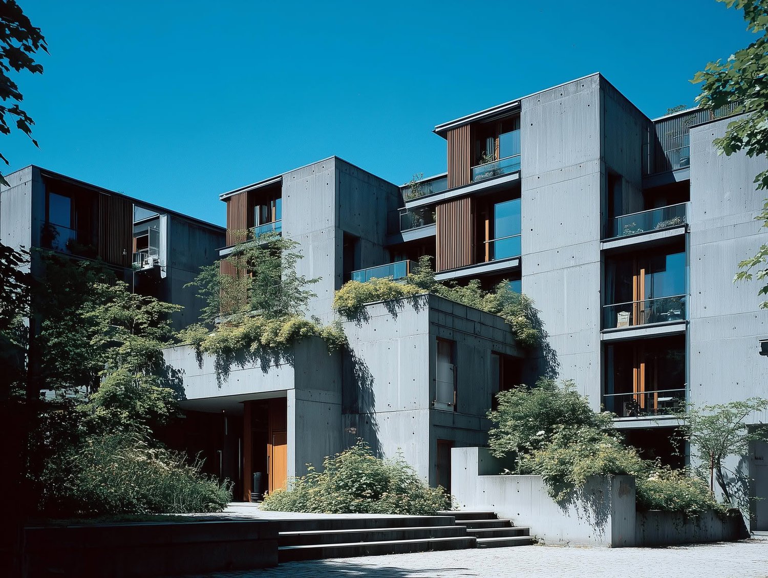 Modern concrete buildings with wood accents, large windows, glass balconies, and lush greenery.