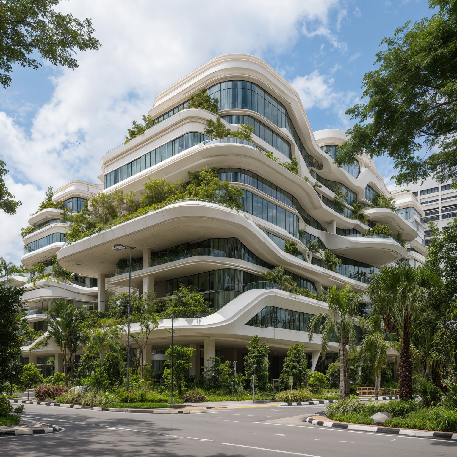 Contemporary white building with organic, wavy balconies and extensive integrated lush greenery under a partly cloudy sky.