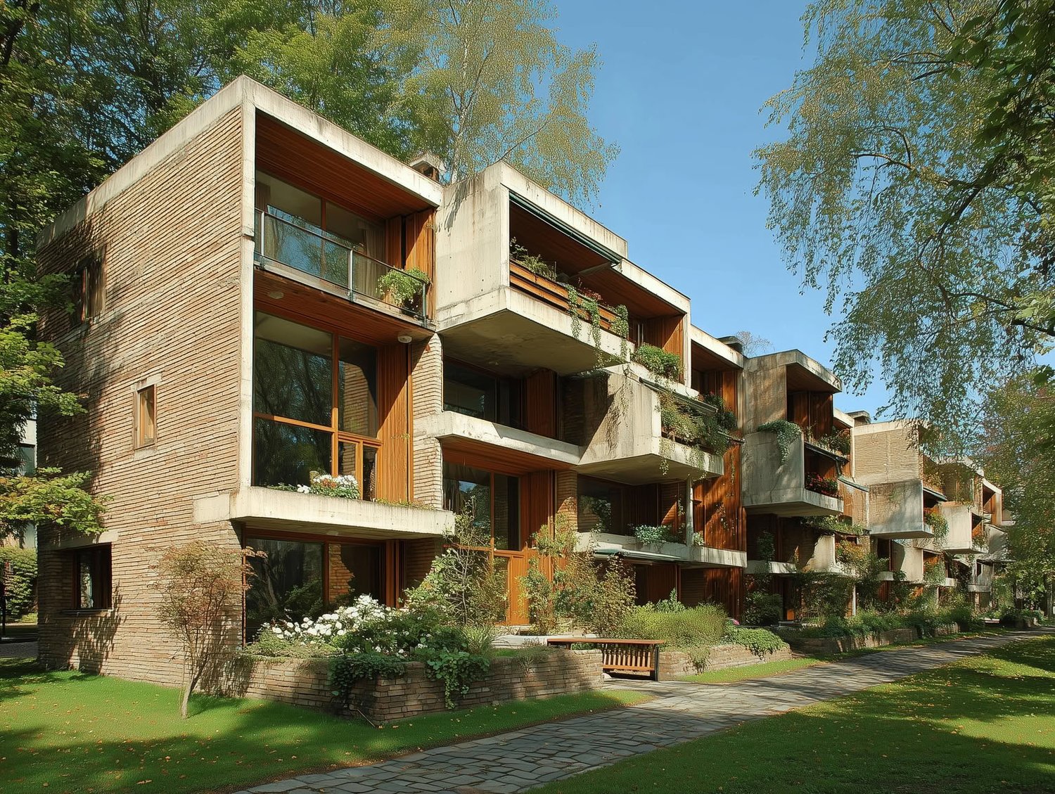 A modern apartment building with rough brick walls, concrete balconies, and large wood-framed windows, surrounded by green trees and lawns under sunlight.