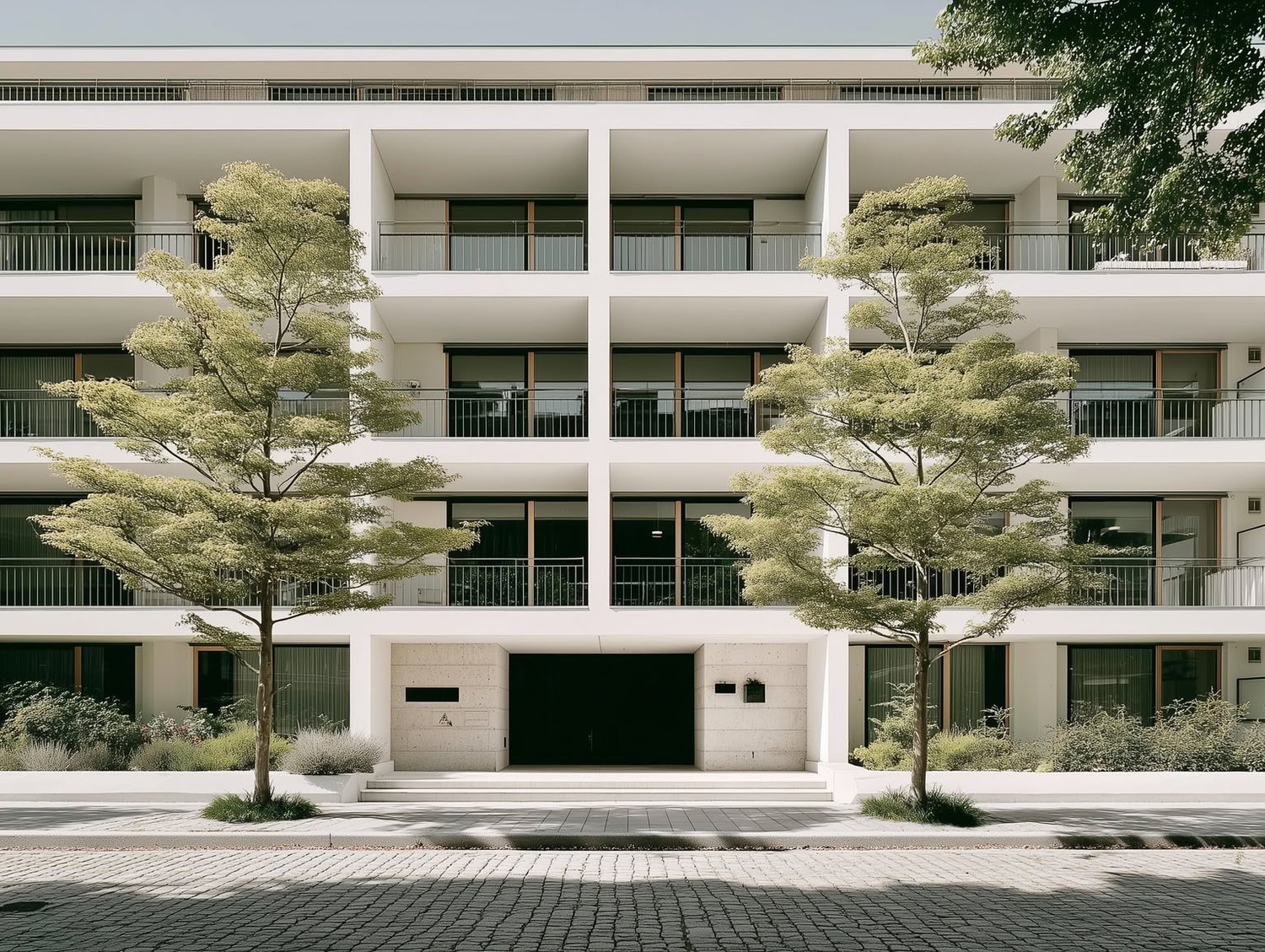 Modern white building with square balconies, large windows, metal railings, two trees, and a paved street.