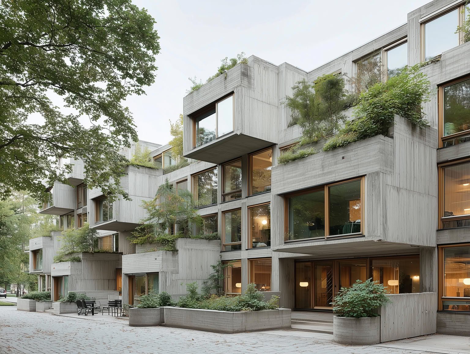 Multi-story concrete building with large wood-framed windows and lush terraced gardens.