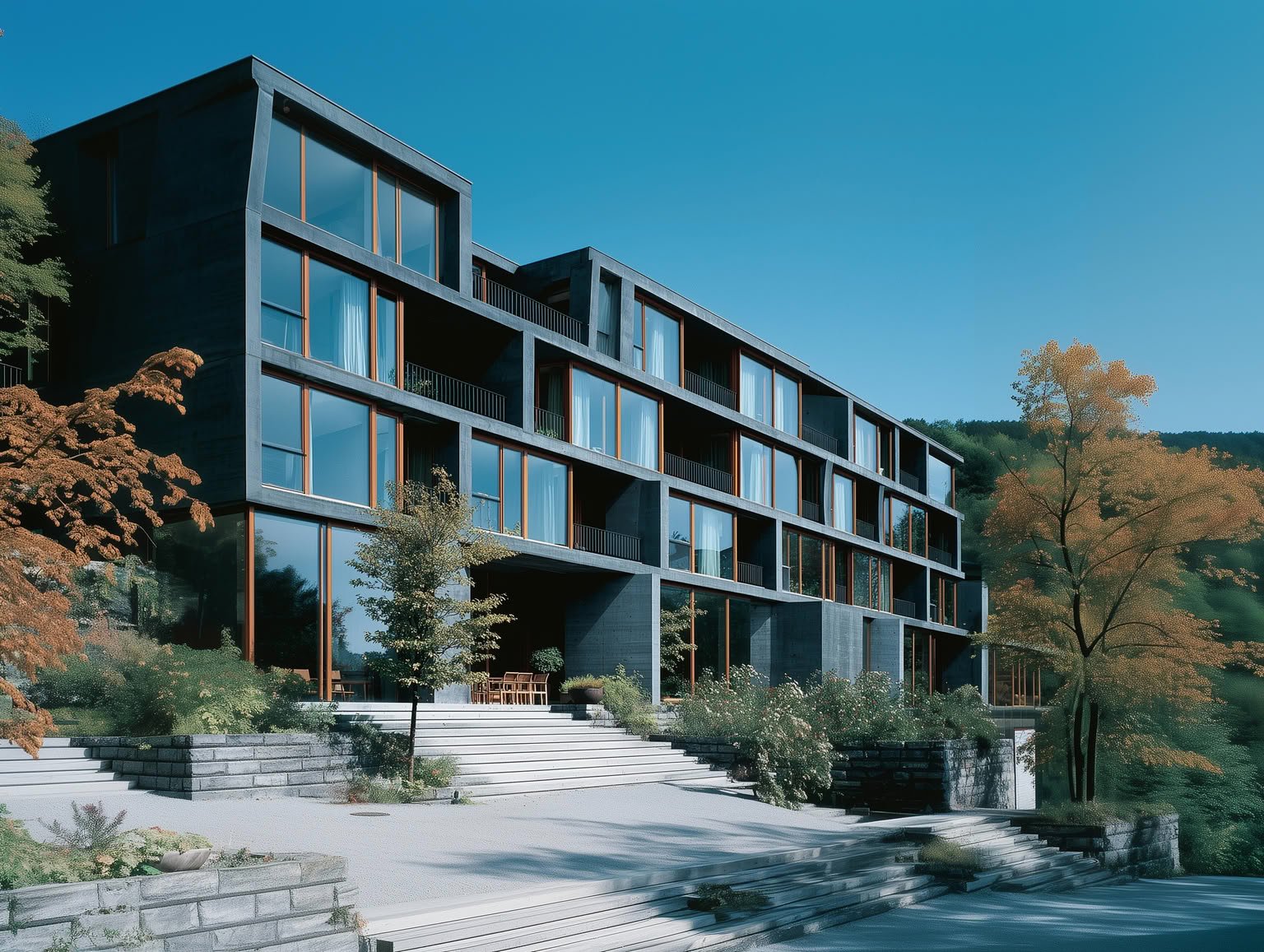 Modern concrete building with large glass windows, warm wood frames, and tiered steps.