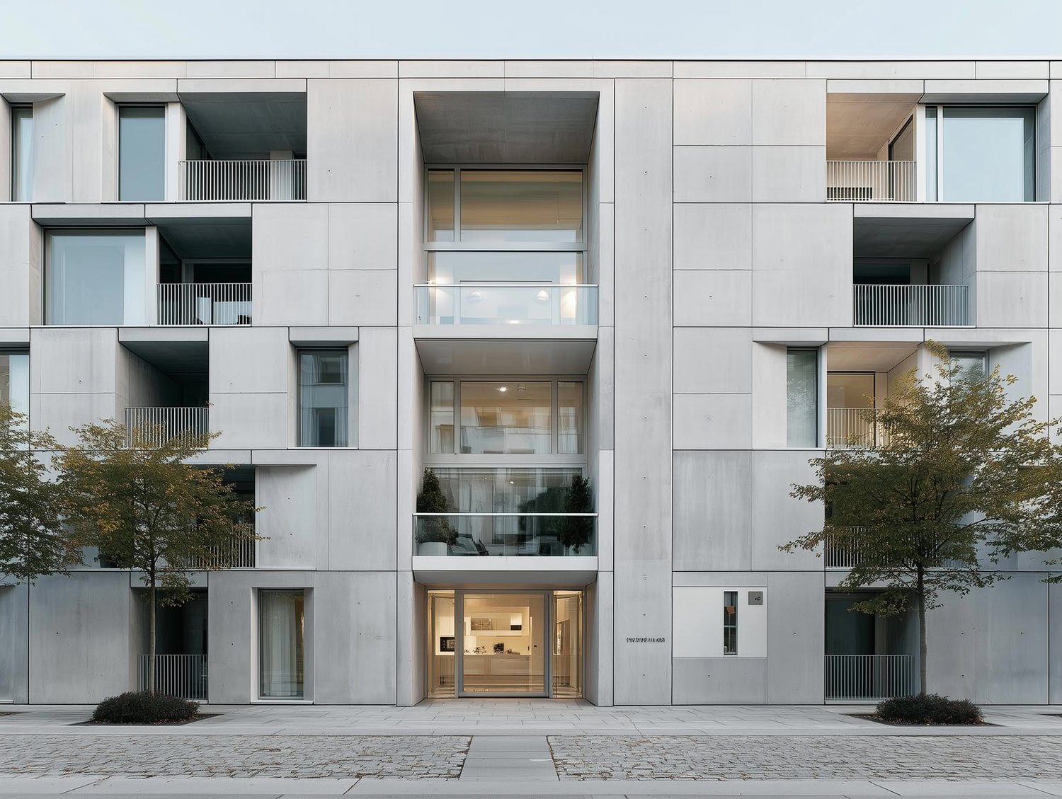 Modern concrete apartment building facade with large glass windows, recessed balconies, and street-level trees.