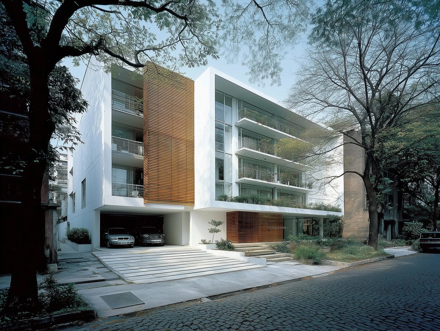 Modern white building with a wood-slat facade element, tiered balconies with plants, and an integrated garage on a cobblestone street.