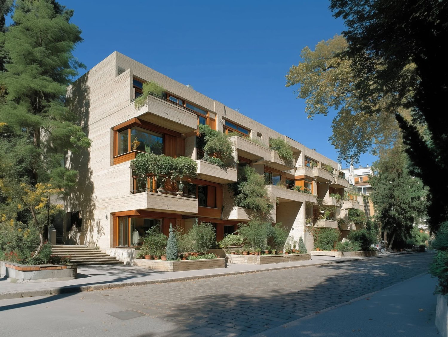Modern building with light textured stone facade, warm wood windows, and balconies with lush green plants.