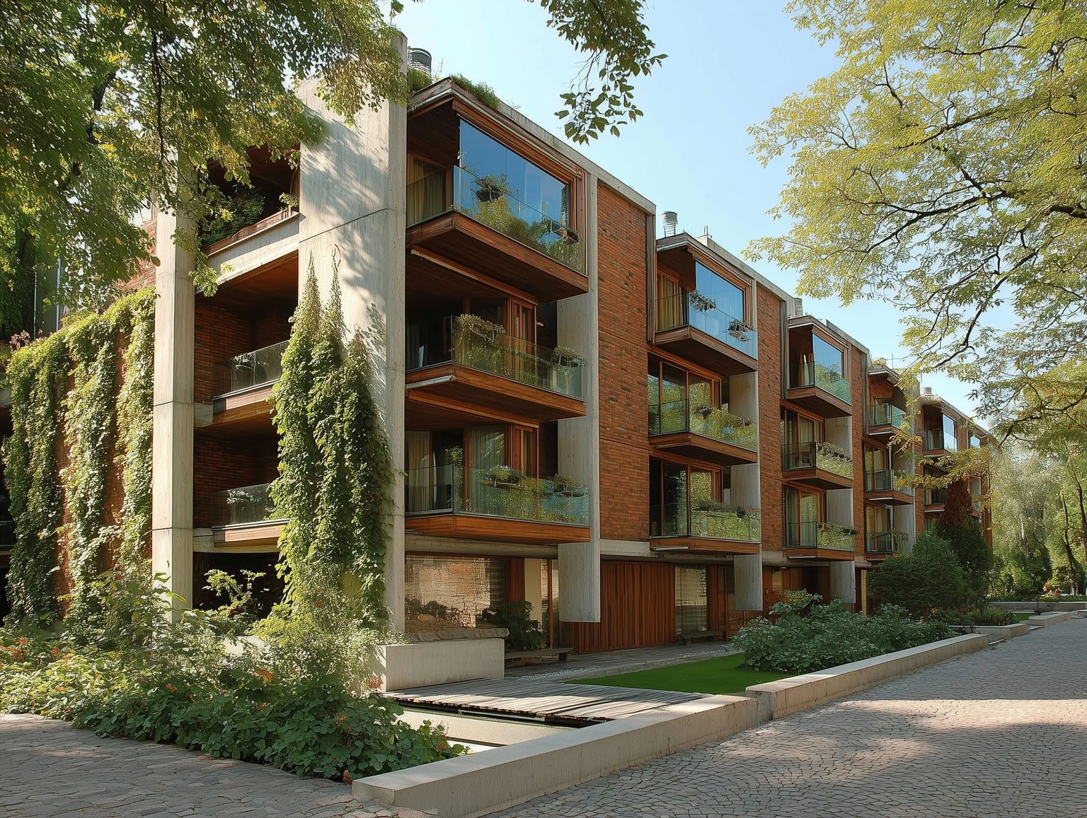 Modern multi-story building with brick facades, concrete frames, glass balconies, and green vines.