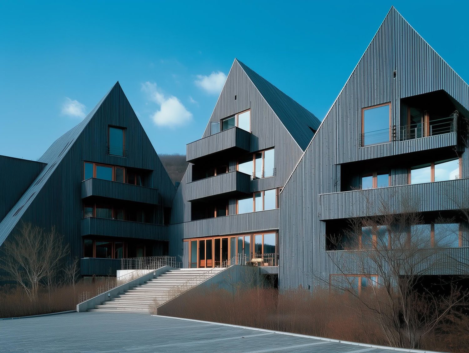 Three modern buildings with dark corrugated facades, peaked roofs, wood-framed windows, and balconies under a blue sky.