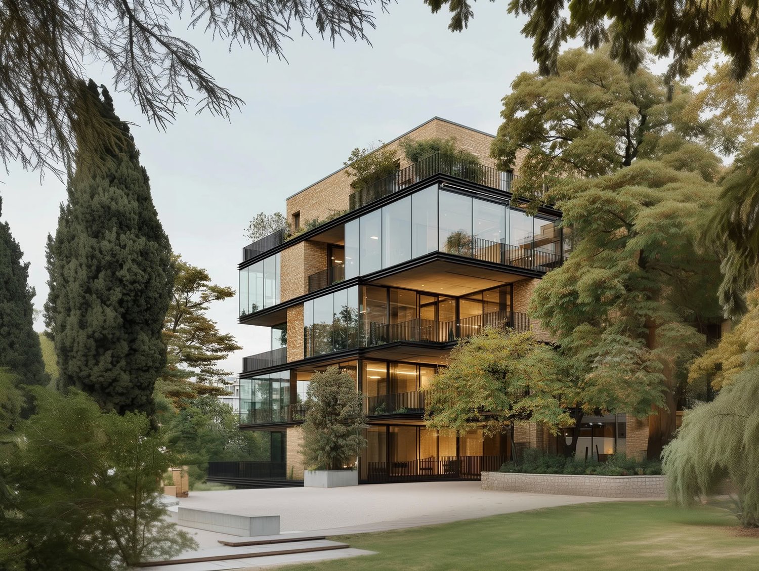 Modern multi-story building with brick facade, large glass sections, and lush surrounding trees.