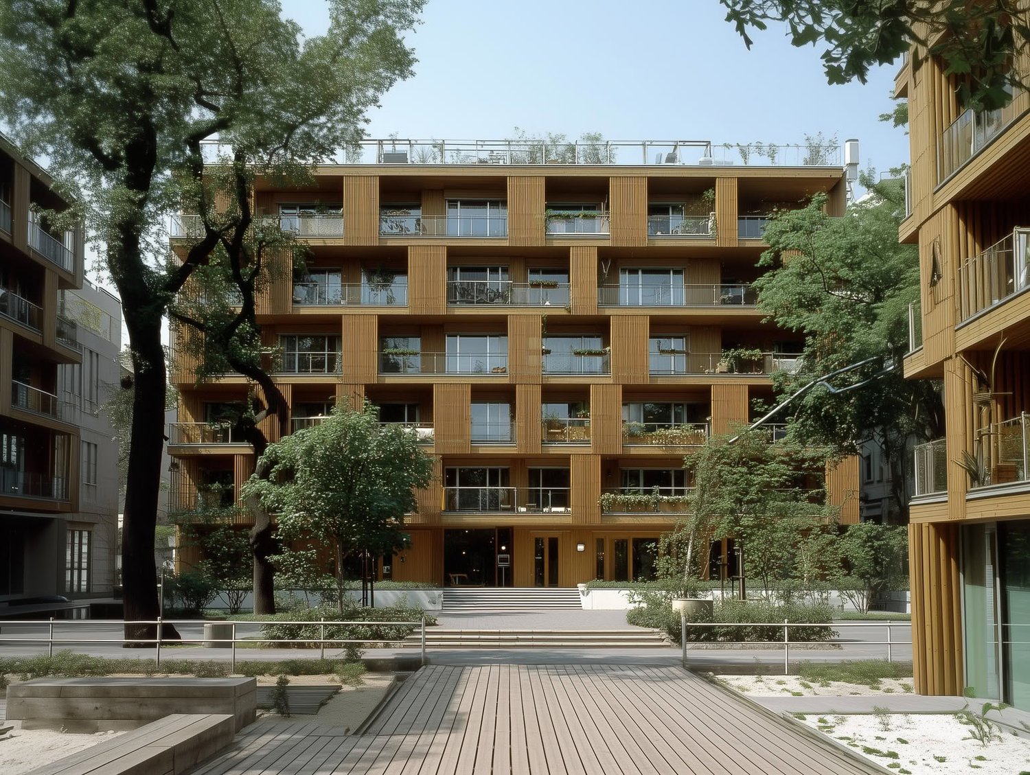Modern building with warm wood facade, balconies, large windows, and surrounding green trees.