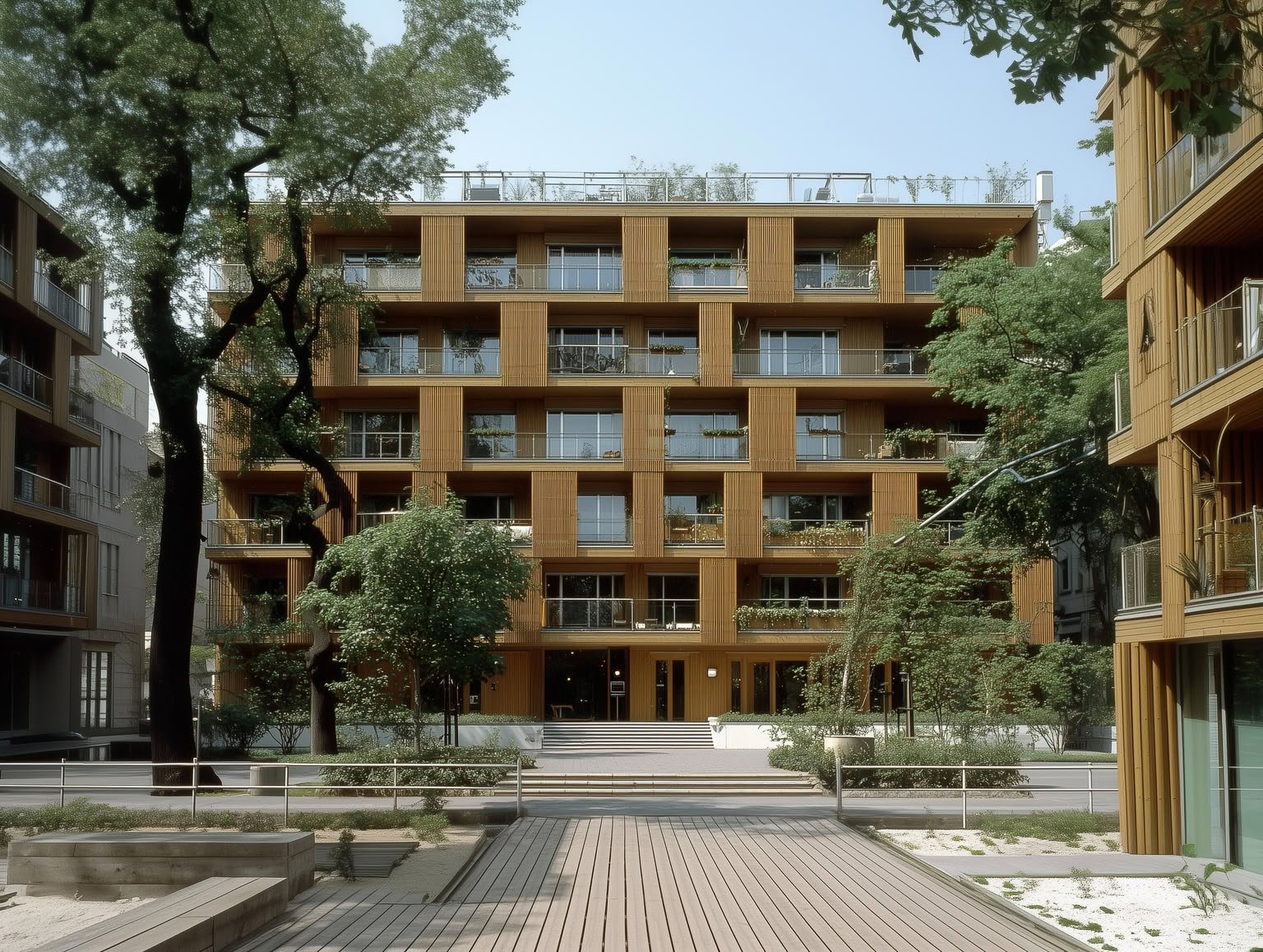 Modern building with warm wood facade, balconies, large windows, and surrounding green trees.