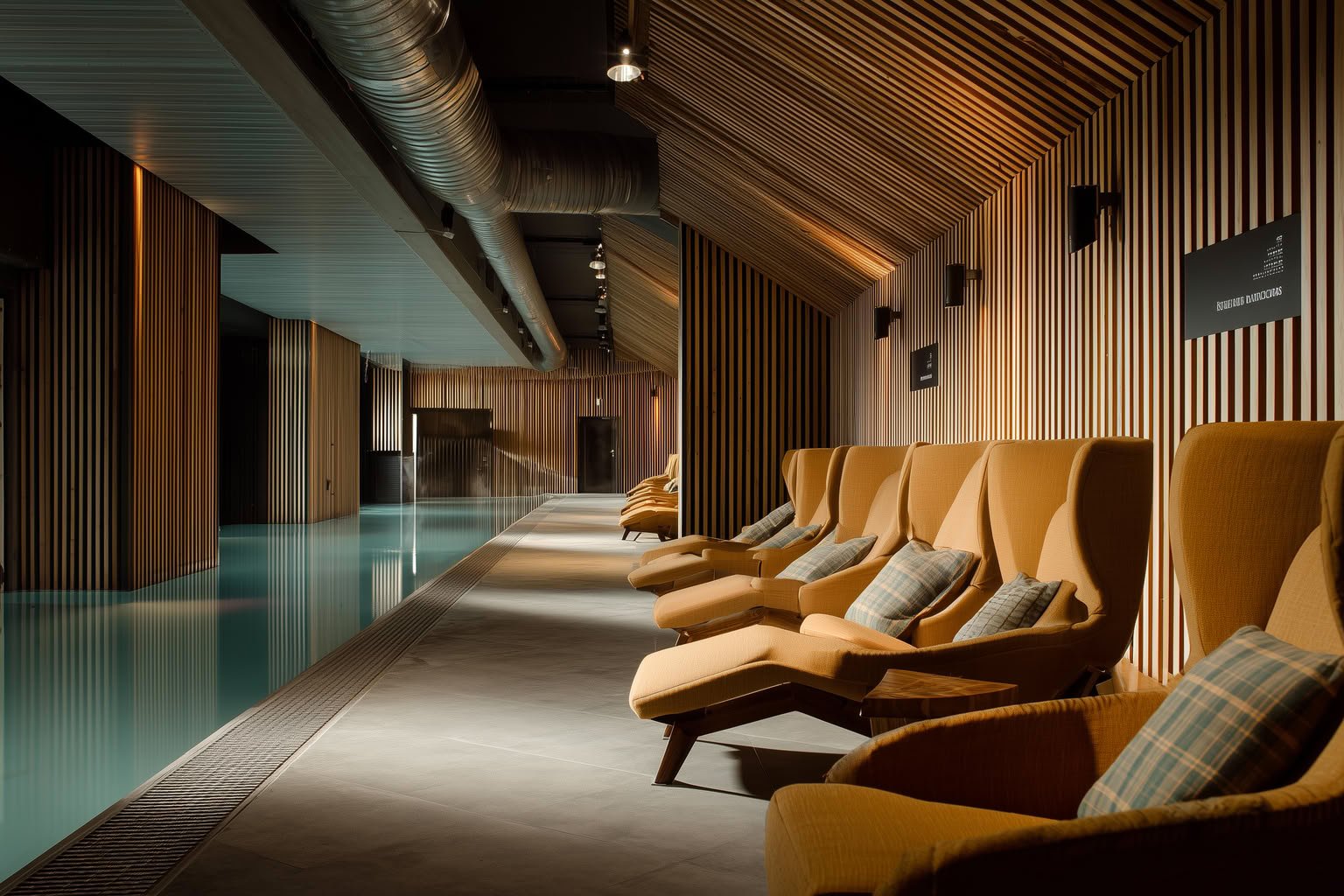 Long indoor swimming pool with warm wood slat walls and comfortable lounge chairs.