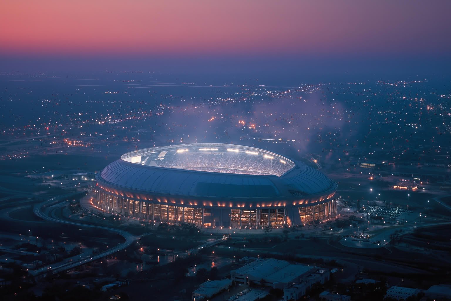 Aerial view of a modern, brightly lit stadium at dusk, surrounded by city lights and roads.