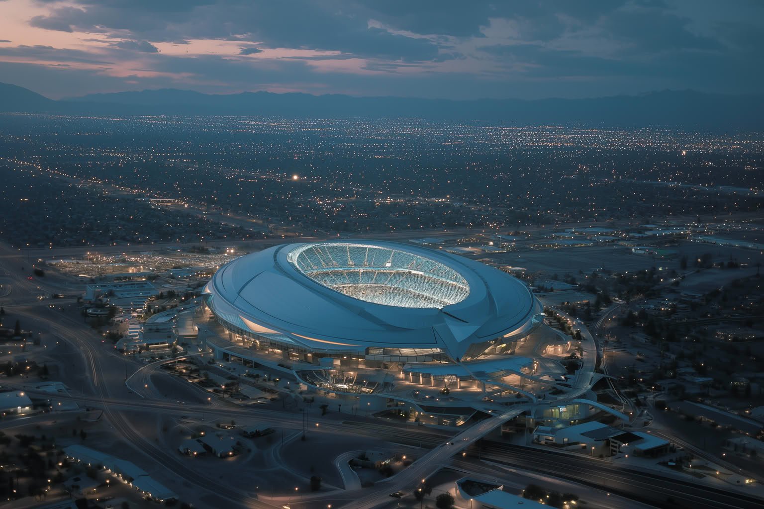 Aerial view of a large, oval, modern stadium brightly lit at dusk, surrounded by a city of glowing lights and distant mountains.