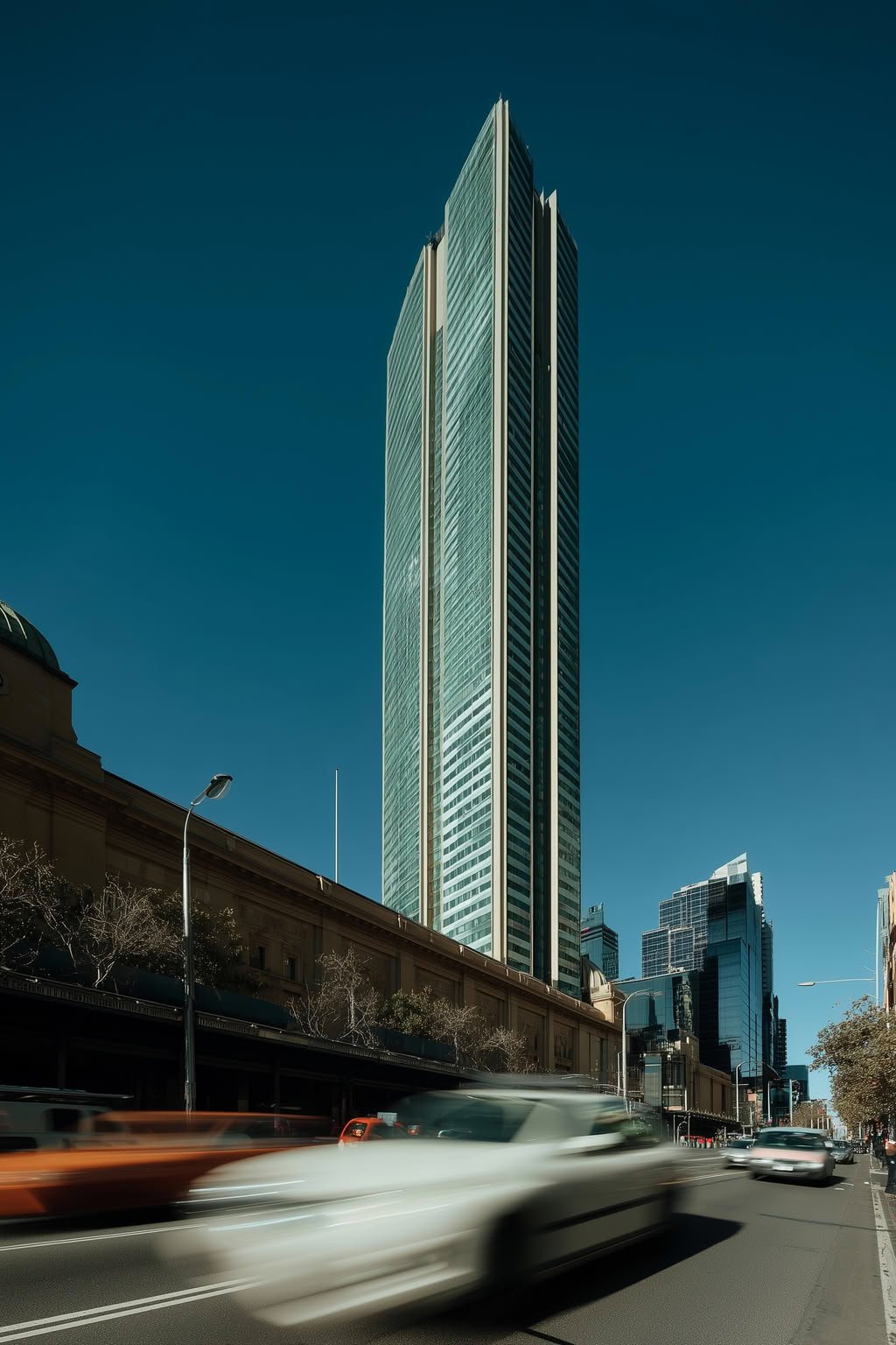 Modern glass skyscraper and older building on a city street with motion-blurred cars.