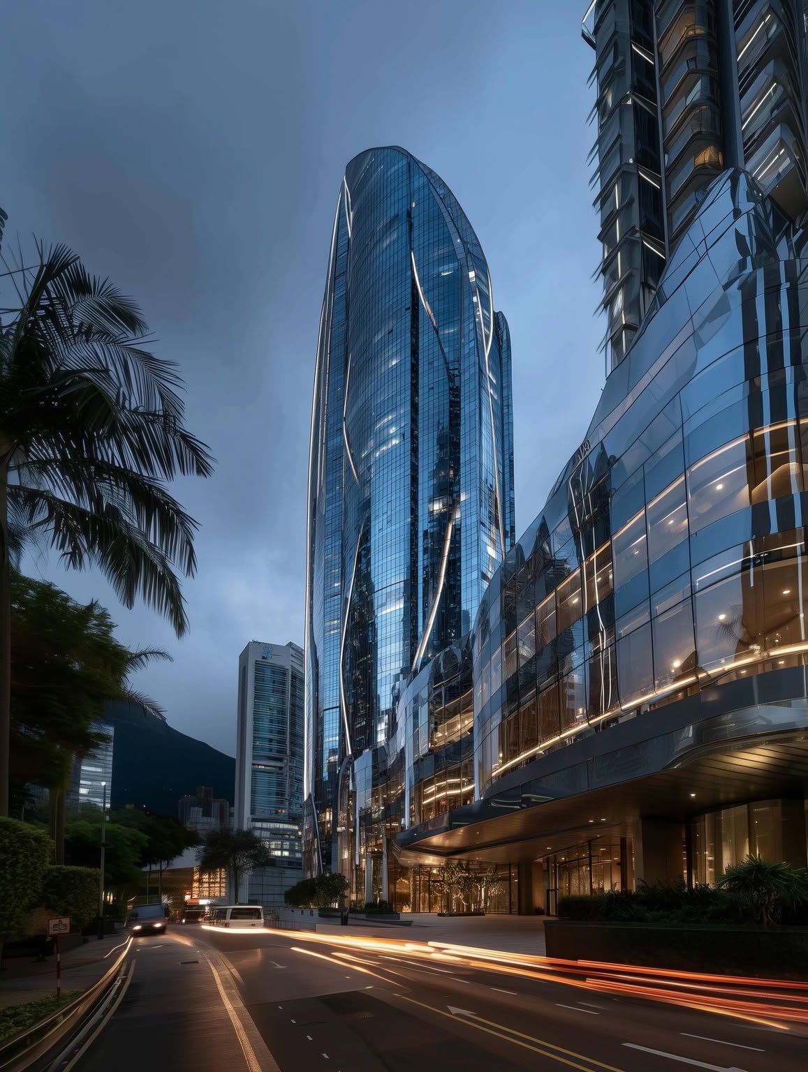 Modern curved glass skyscrapers illuminated at dusk with light trails on a city street.