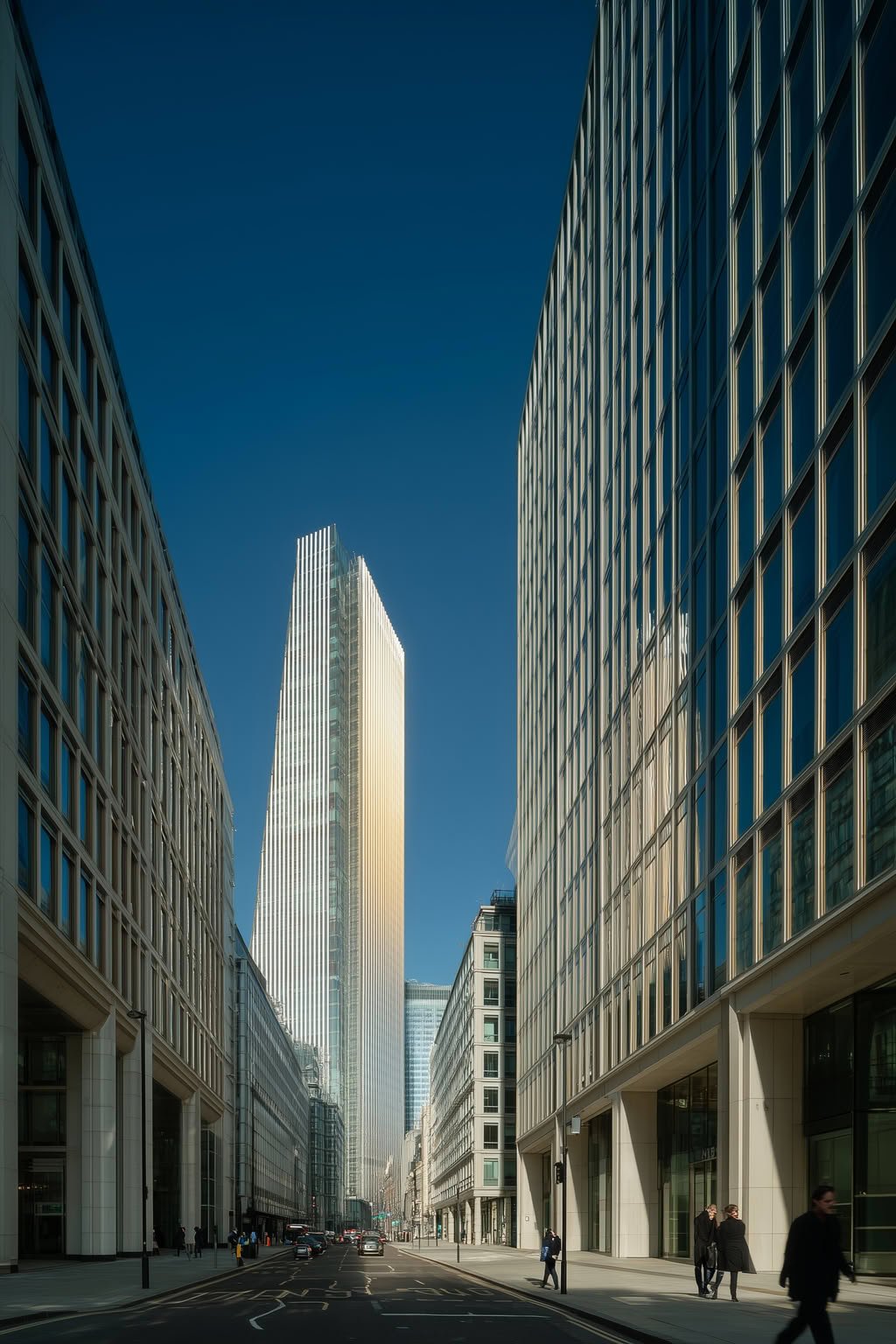 Modern city street with tall office buildings and a distinctive skyscraper against a clear blue sky.