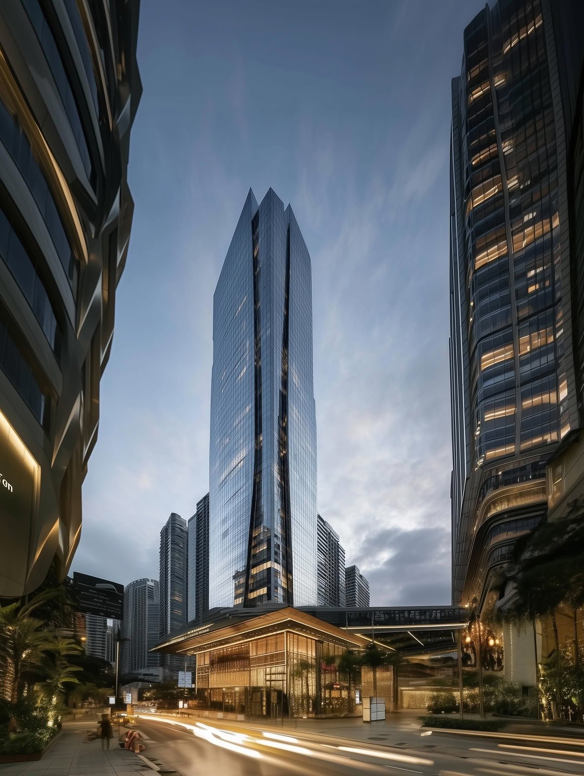Modern glass skyscrapers in an illuminated city at dusk with light trails on the street.