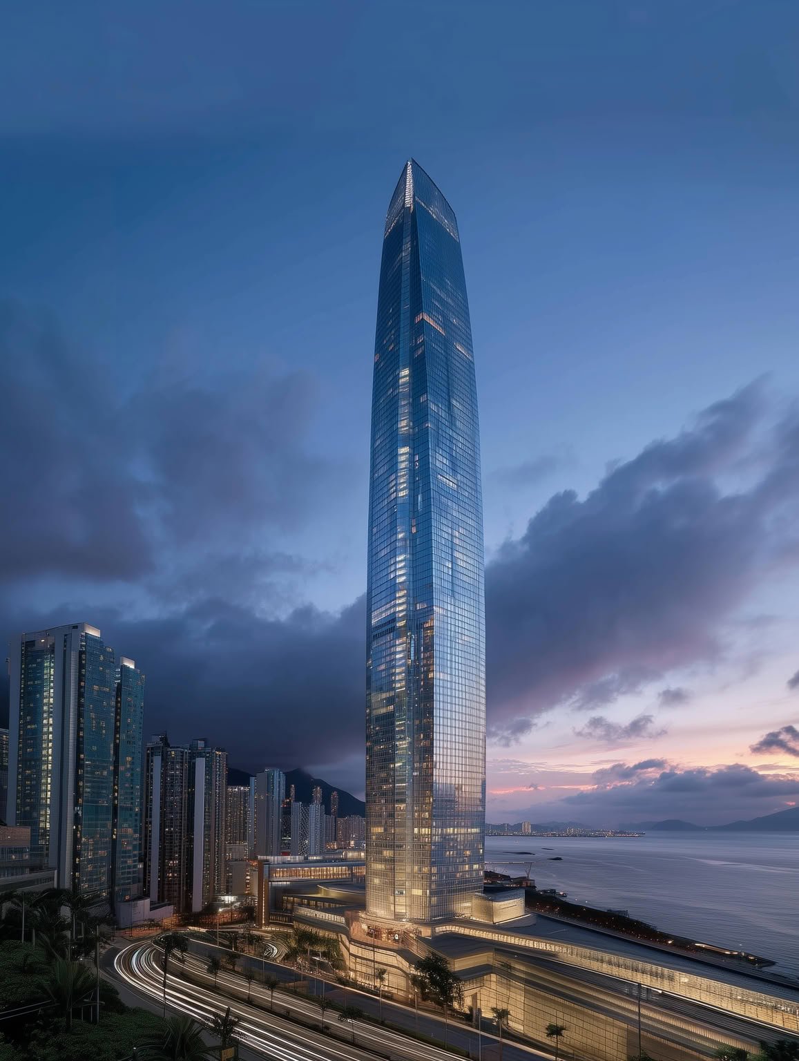 Tall glass skyscraper reflecting city lights and twilight sky by a coastline.
