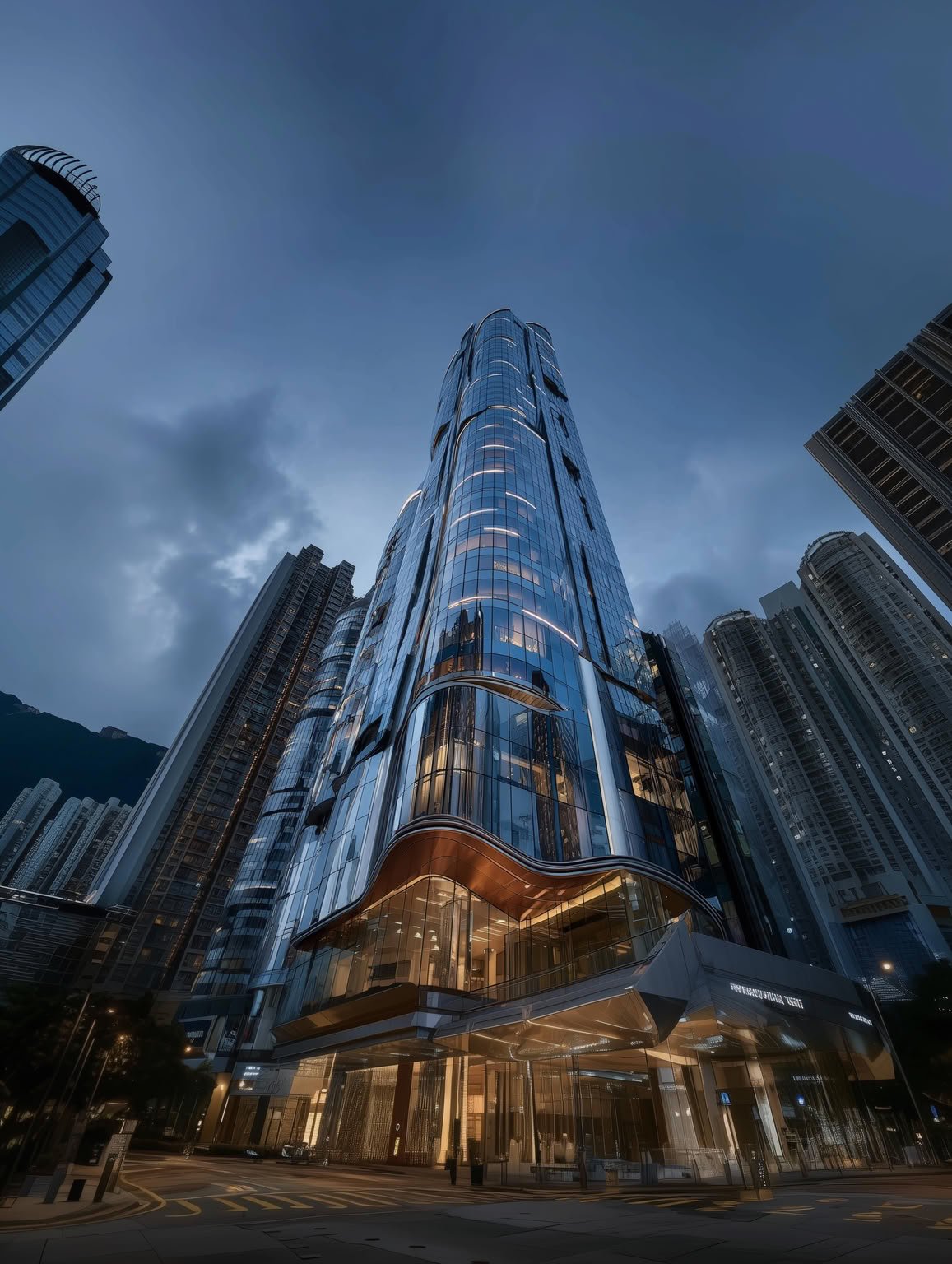 Modern glass skyscraper at dusk with illuminated interiors, surrounded by other city buildings.