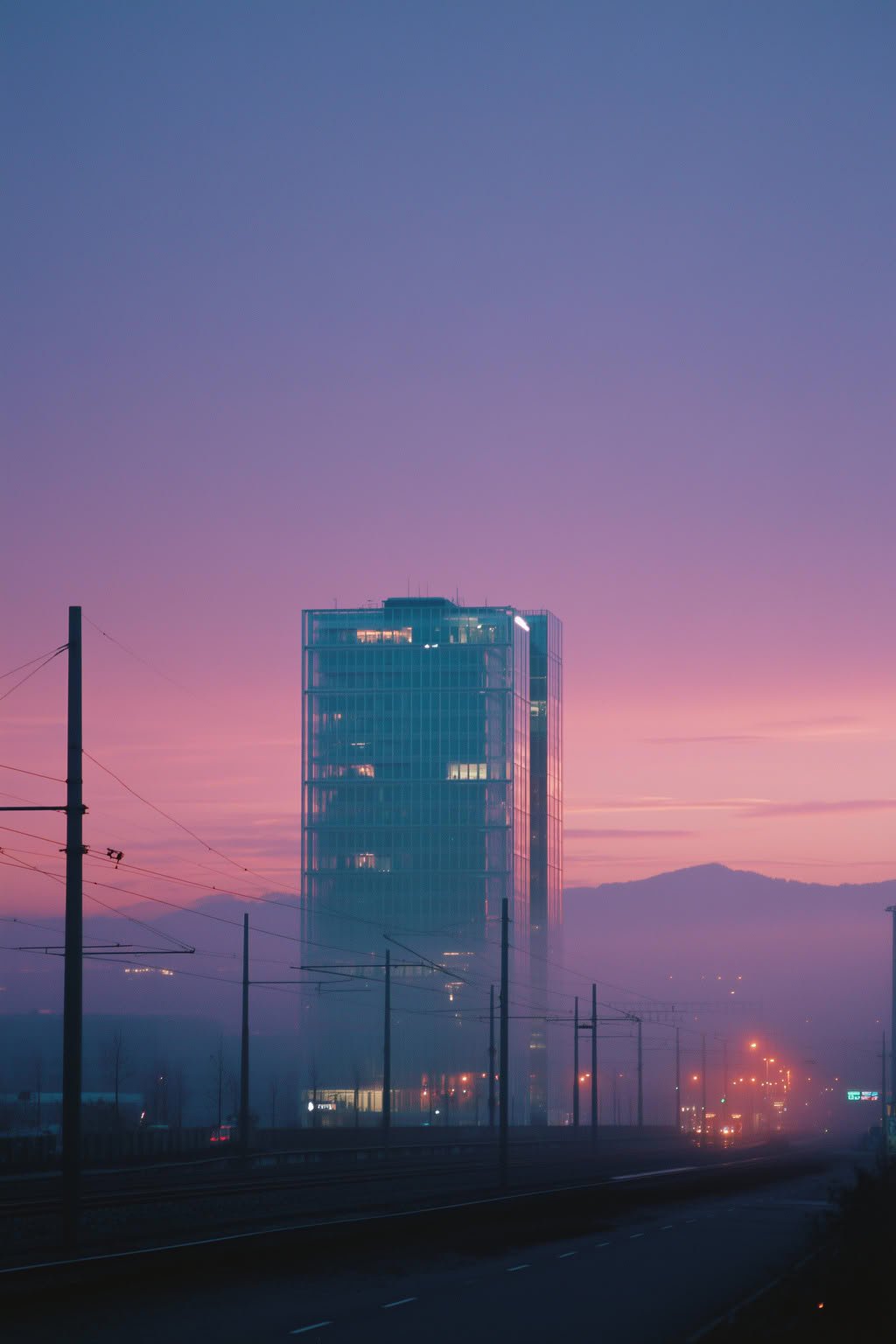 Tall glass building at twilight with a purple-pink sky and misty urban landscape.