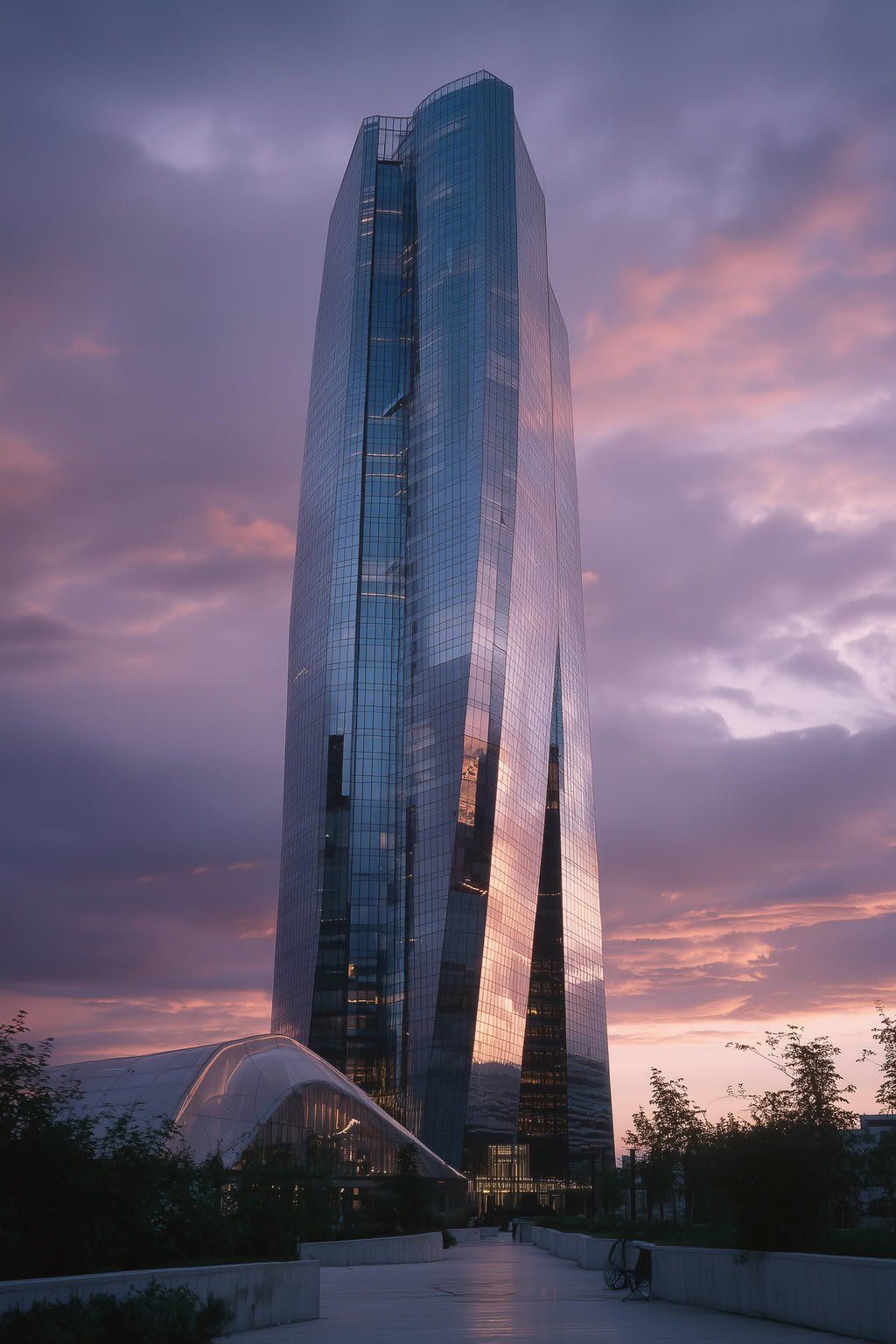 A tall, multifaceted glass skyscraper reflects a dramatic purple and pink sunset sky, with modern landscaping in the foreground.