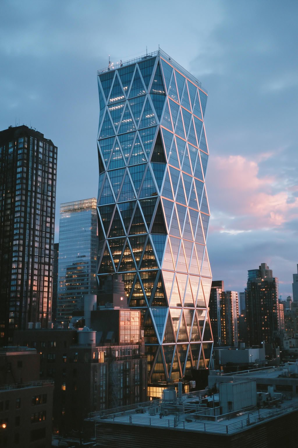 Modern glass skyscraper with a diagonal grid facade at dusk, reflecting pink sky amidst other city buildings.