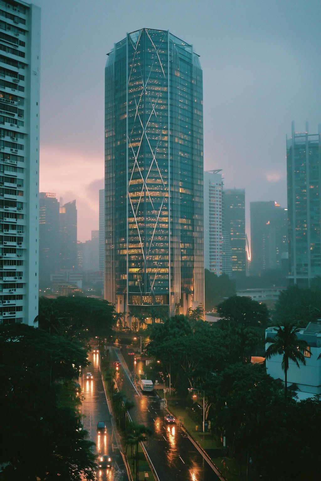 Modern glass skyscraper with diamond facade, lit windows, and wet city street at dusk.