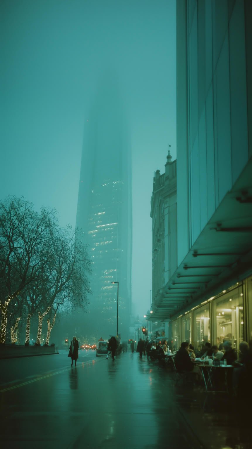 Foggy street scene with tall glass buildings, wet pavement, people, and illuminated trees.