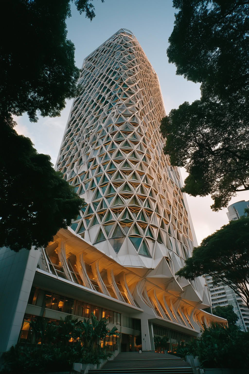 Modern high-rise with geometric white facade, warm lit base, framed by dark trees.