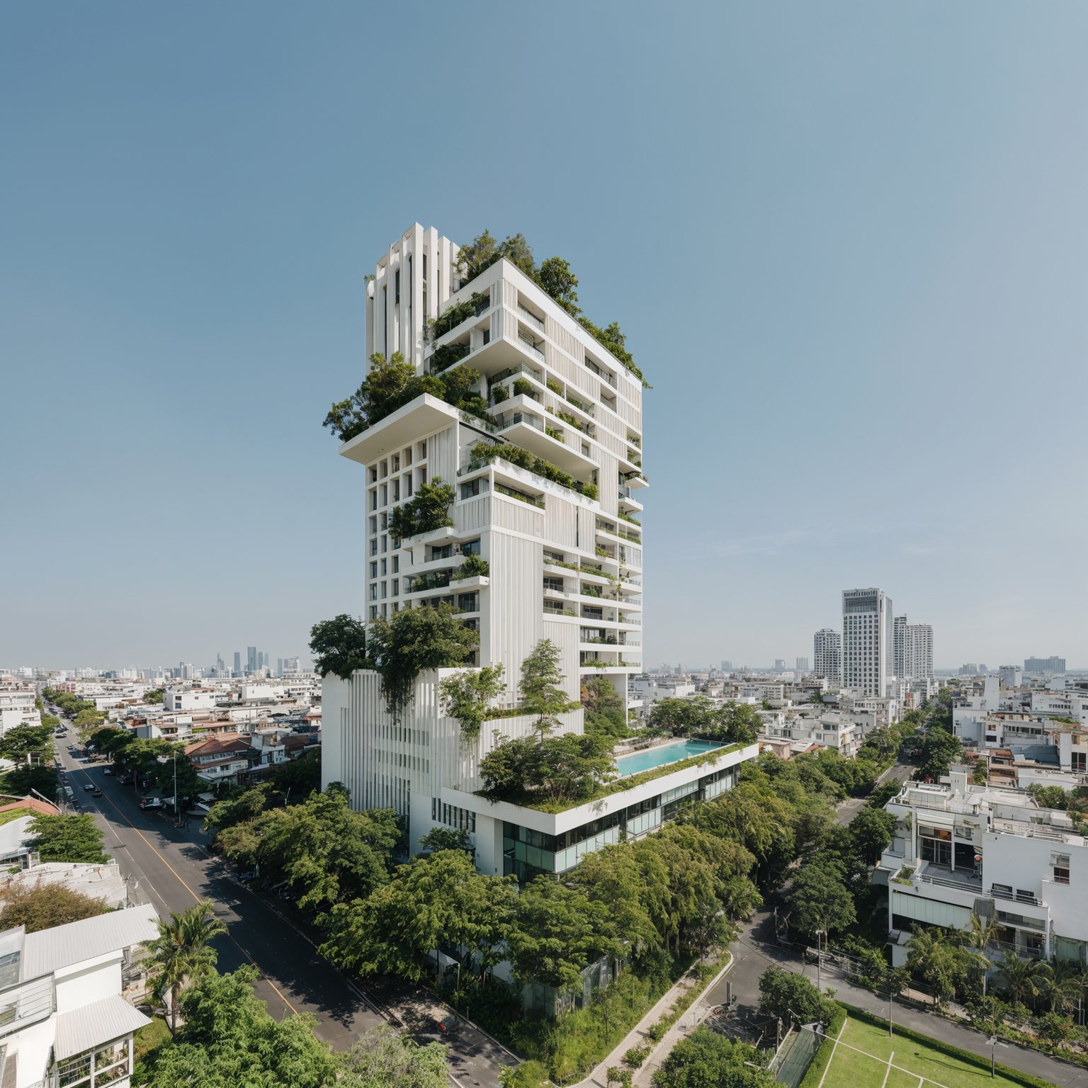 Modern white high-rise building with integrated vertical gardens, rooftop pool, and surrounding city.
