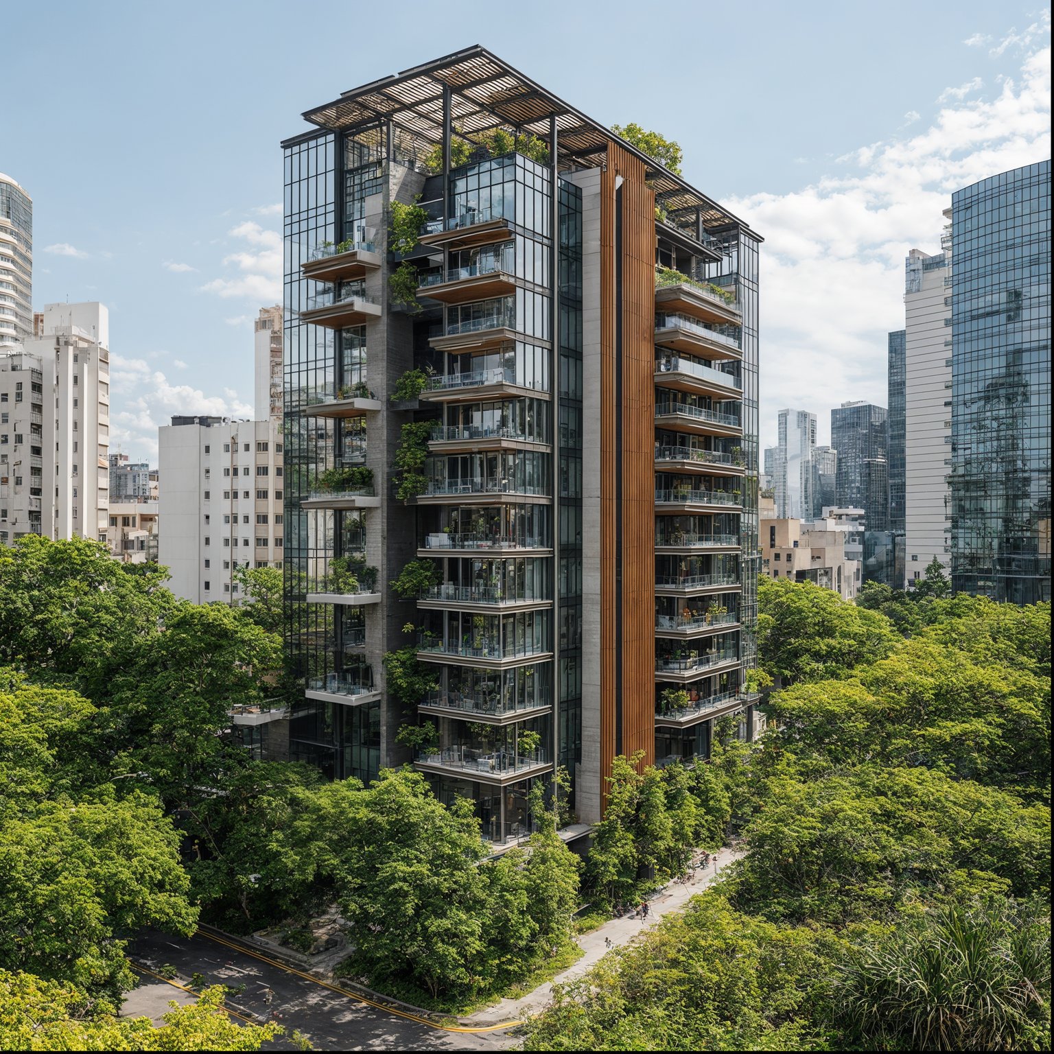 Modern high-rise with glass, wood, green balconies, and rooftop, surrounded by urban trees.