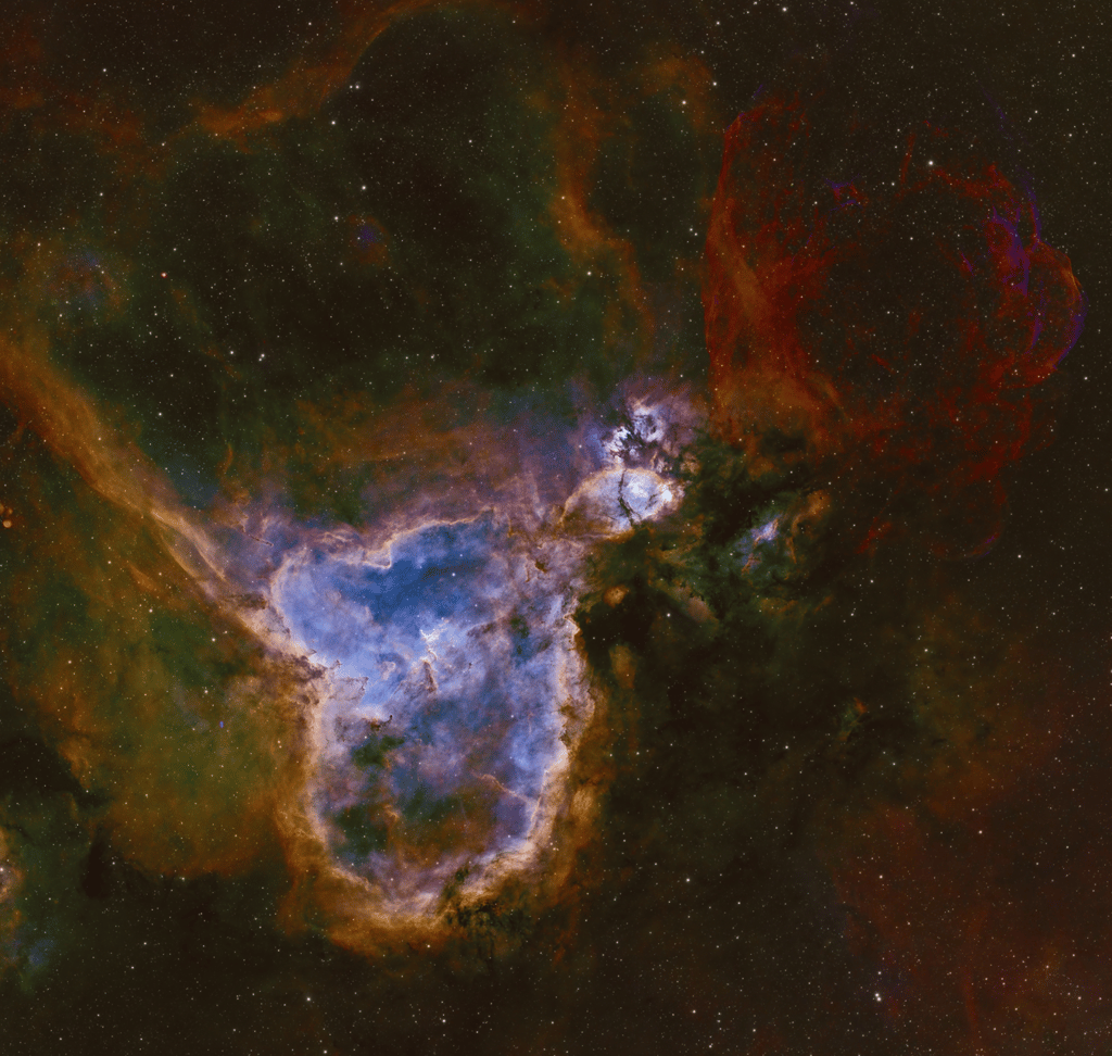 Heart Nebula in SHO with expansive supernovae off to the side and a large diffuse O III region
