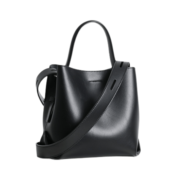 MiraAzzurra Bags | Genuine Leather Top Handle Minimalist Bucket Bag With Wide Strap - black
