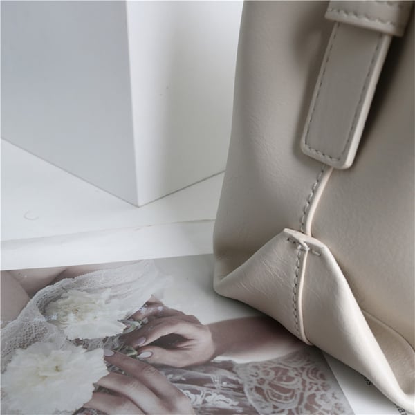 MiraAzzurra Bags | Genuine Leather Top Handle Minimalist Bucket Bag With Wide Strap - gray-white