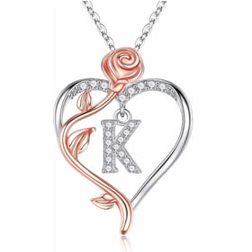 25 Sterling Silver Rose Love Heart Initial Letter Pendant Necklace