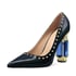 Women Bridal Pointed Toe Chunky Block High Heel Crystal Pumps - Navy blue