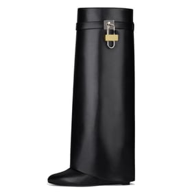 Fold Over Covered Wedge Heel Padlock  Knee High Boots