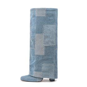 Fold Over Knee High Square Toe Block Heel Boots